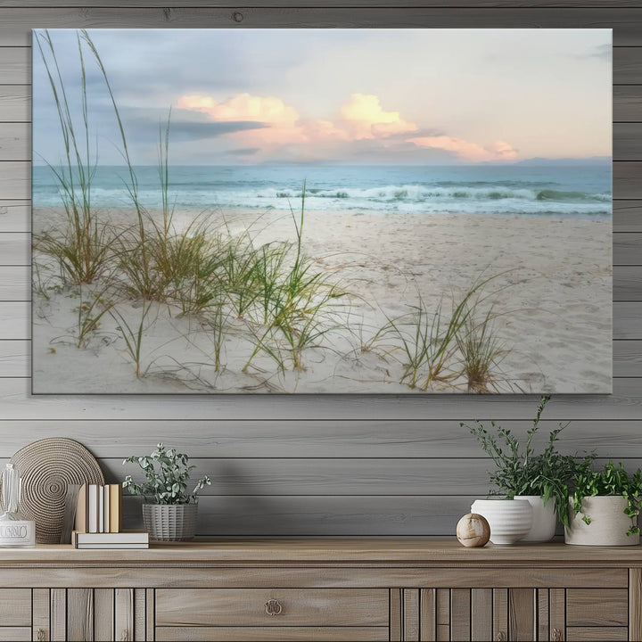 A chic living room is beautifully highlighted by the rustic farmhouse art, specifically the Test Beach Print - 2, displayed prominently above a wooden console.