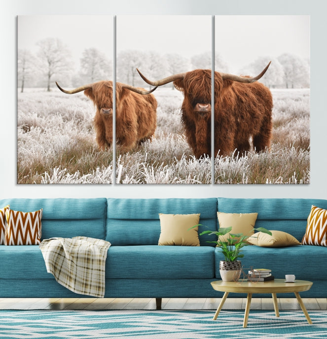 Highland Cows in Winter Canvas Wall Art – Rustic Farmhouse Triptych – Animal Photography Print for Living Room or Office – Ready to Hang