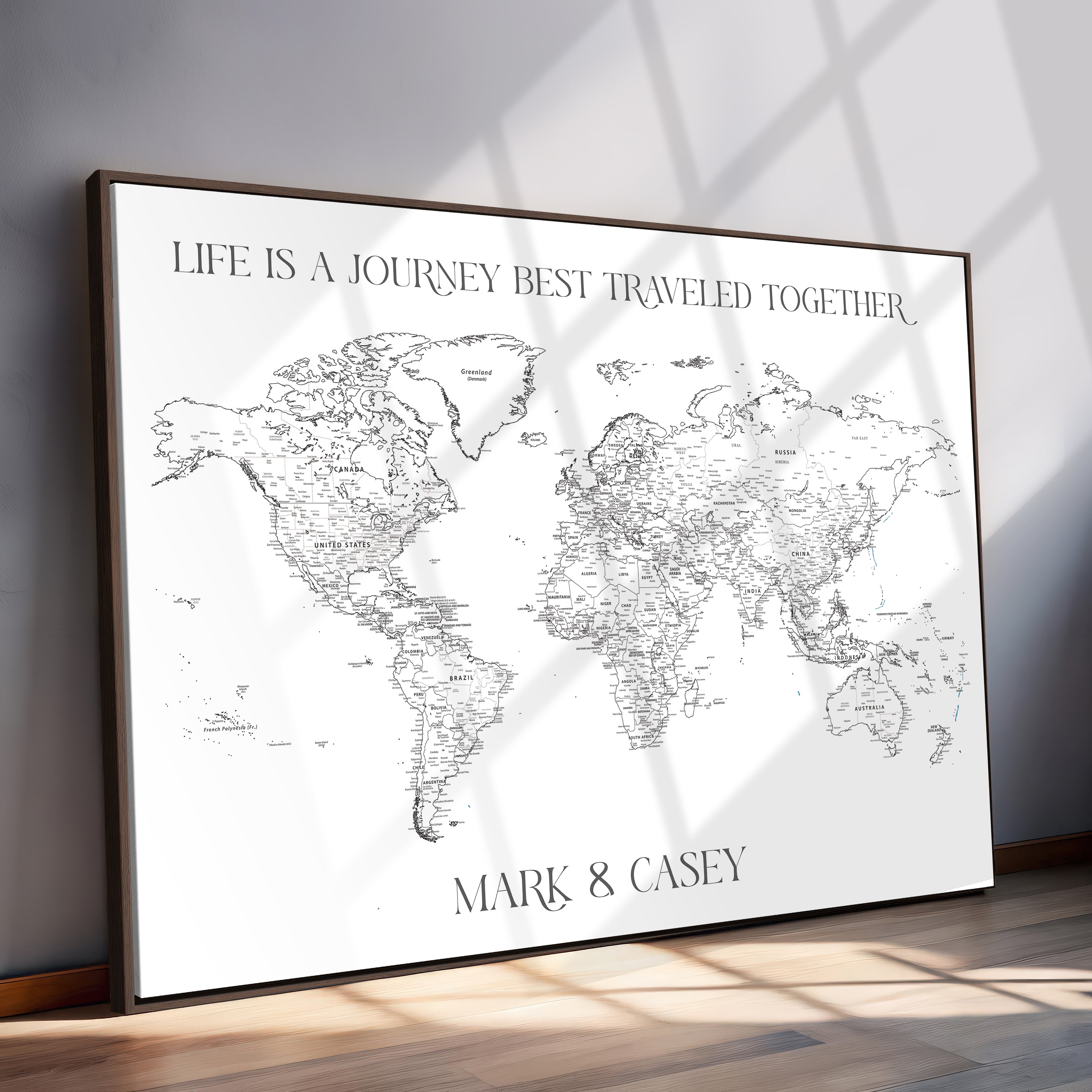 CSM02-MGV-CV-36X24-Custom Push Pin World Map Print – Personalized Canvas Wall Art for Travel Memories, Framed Gift for Couples, Anniversary or Wedding