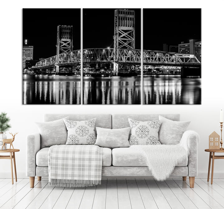 The Jacksonville City Bridge Night Wall Art Canvas Print is a black and white triptych depicting the city bridge at night. It features a UV-protective coating on museum-quality canvas.