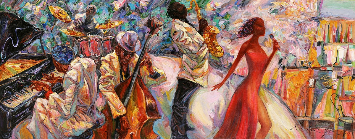 40574-_Poster-30x20 - Afro American Jazz Band Canvas Wall Art | 3 Panel Music Studio Decor