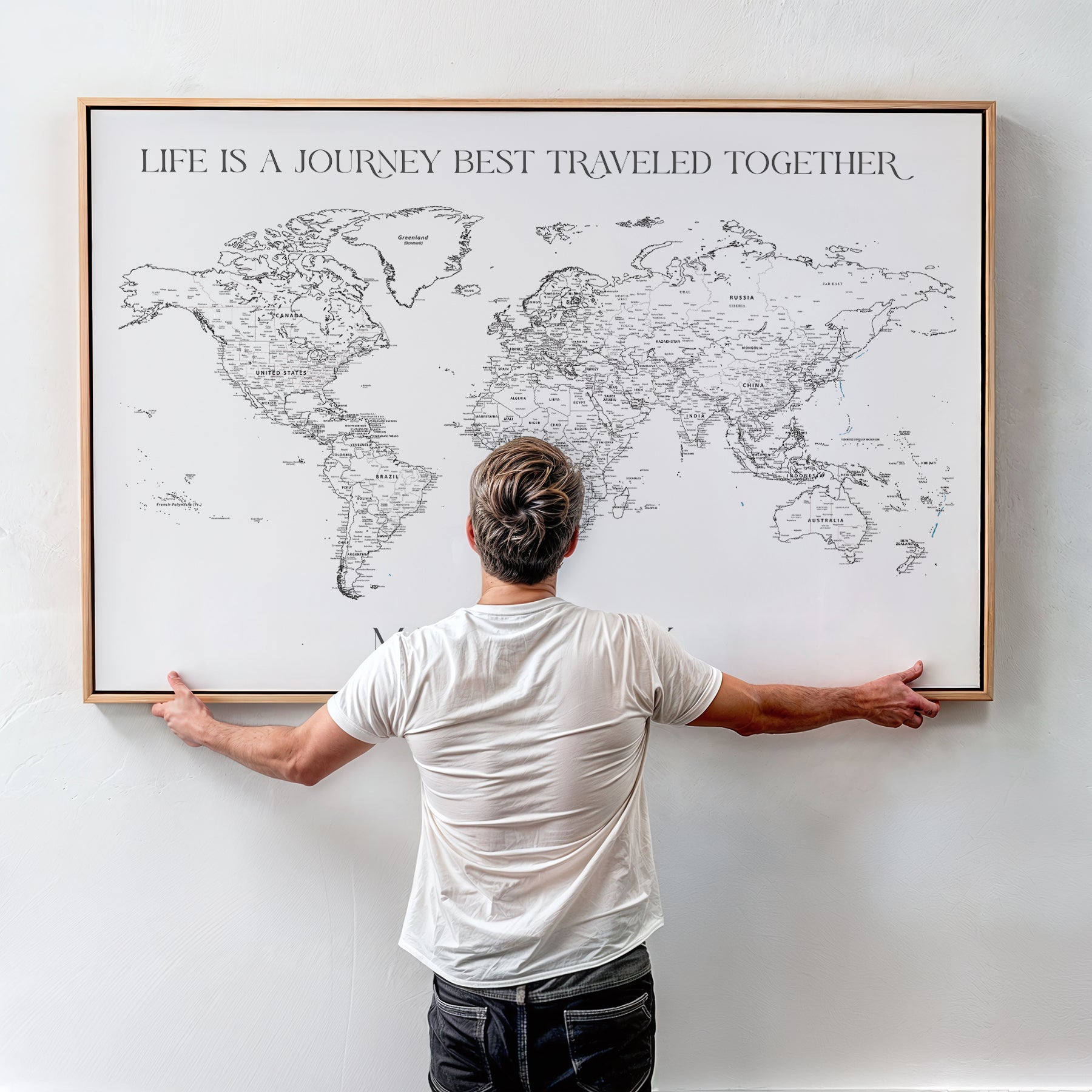 CSTM5001-MGV-CV-36X24-Personalized Push Pin World Map Wall Art, Custom Map Canvas Print, Adventure Black White Travel Decor for Couples for Anniversaries