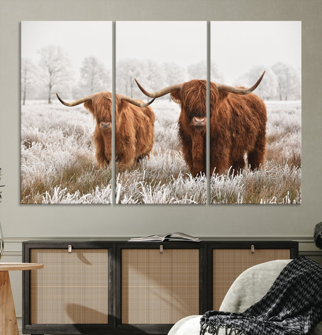 Highland Cows in Winter Canvas Wall Art – Rustic Farmhouse Triptych – Animal Photography Print for Living Room or Office – Ready to Hang