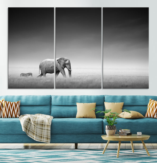 Lienzo decorativo para pared grande con diseño de elefante y cebra