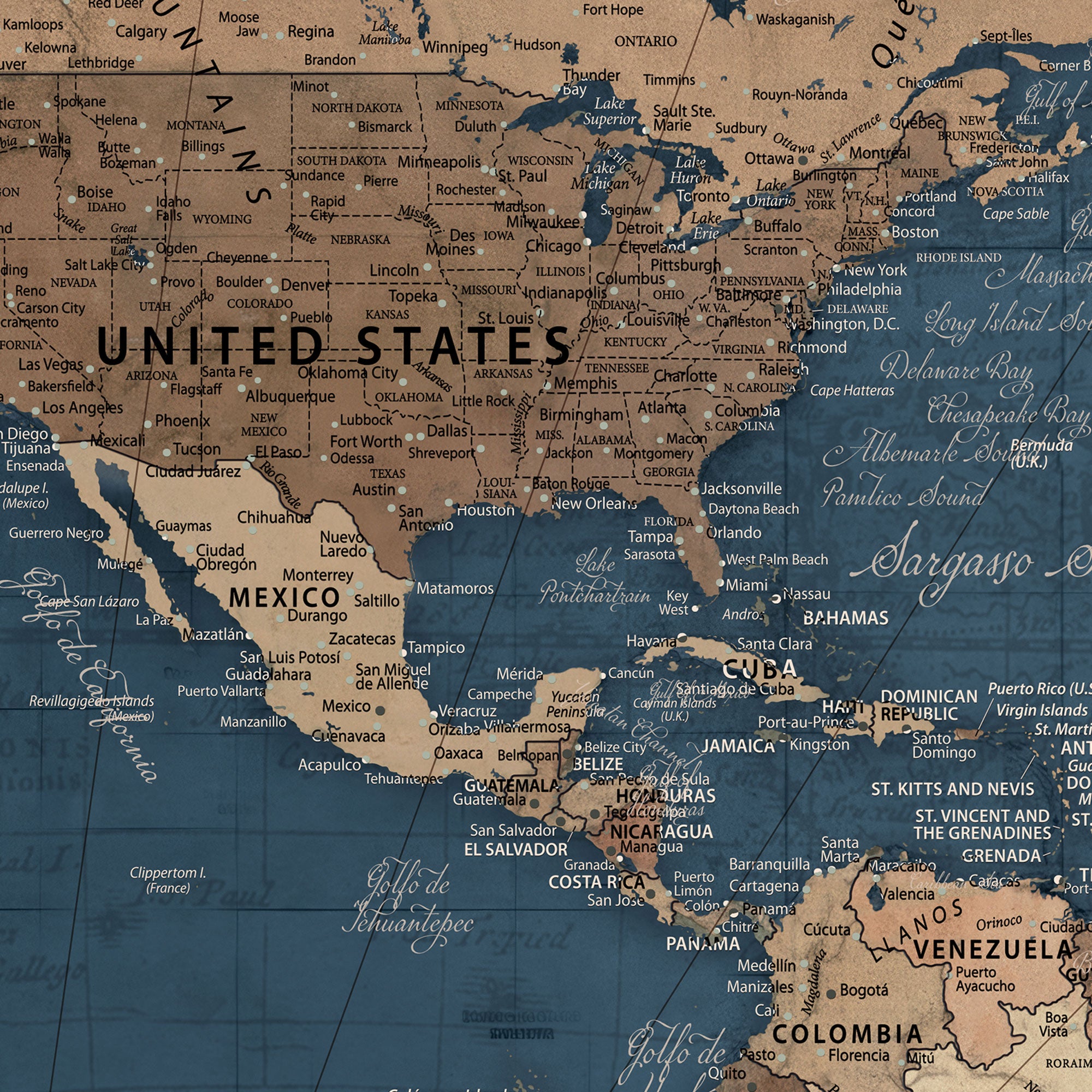 64110391-MGV-CV-36X24-Personalized Vintage Push Pin World Map Canvas Print – Custom Framed Travel Tracker Wall Art Large Map Artwork for Home, Office