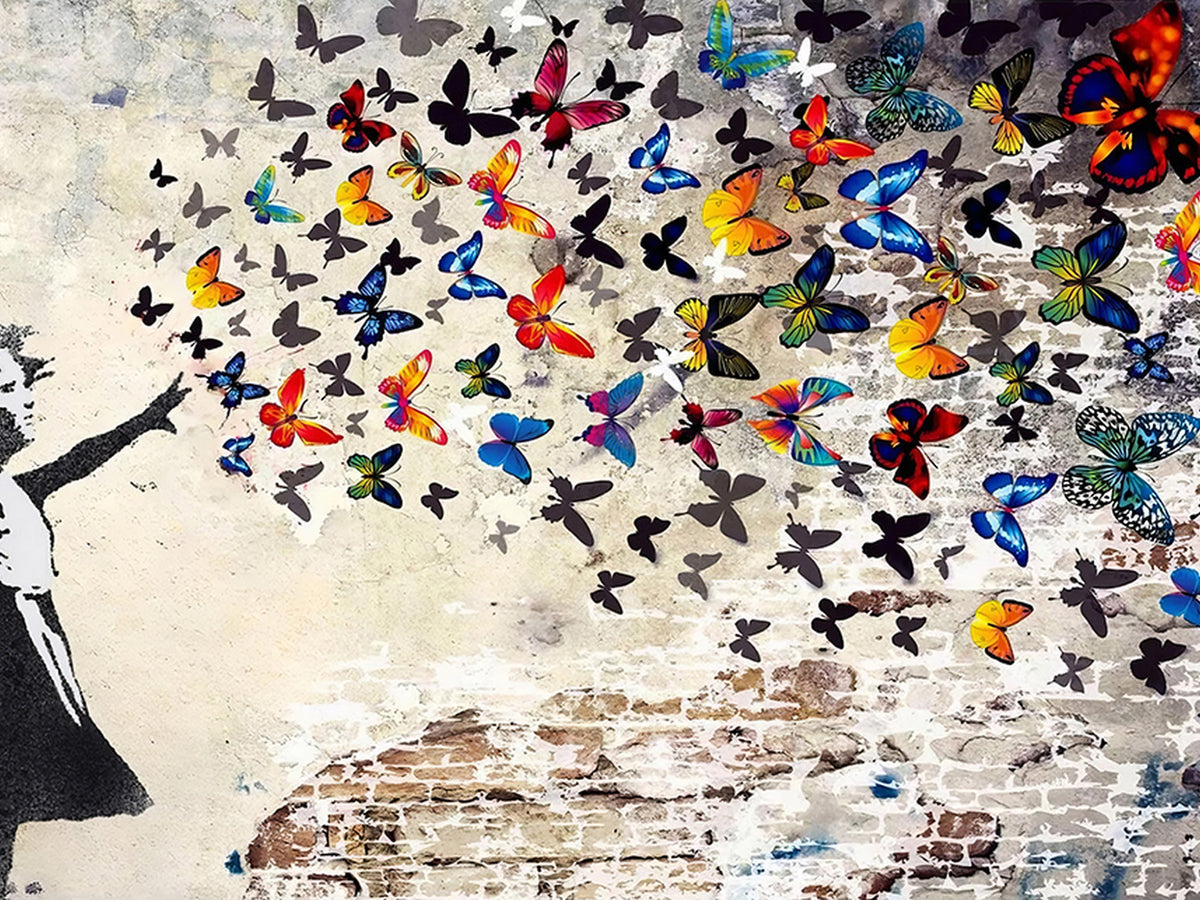 97895-MGV-CV-24X16 - Banksy Graffiti Wall Art Canvas Print, Girl Releasing Vibrant Butterflies