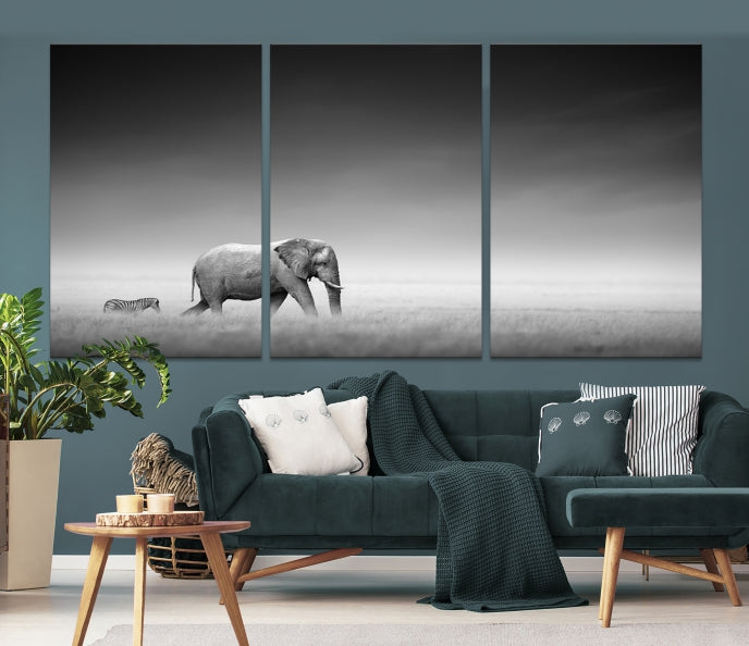 Lienzo decorativo para pared grande con diseño de elefante y cebra