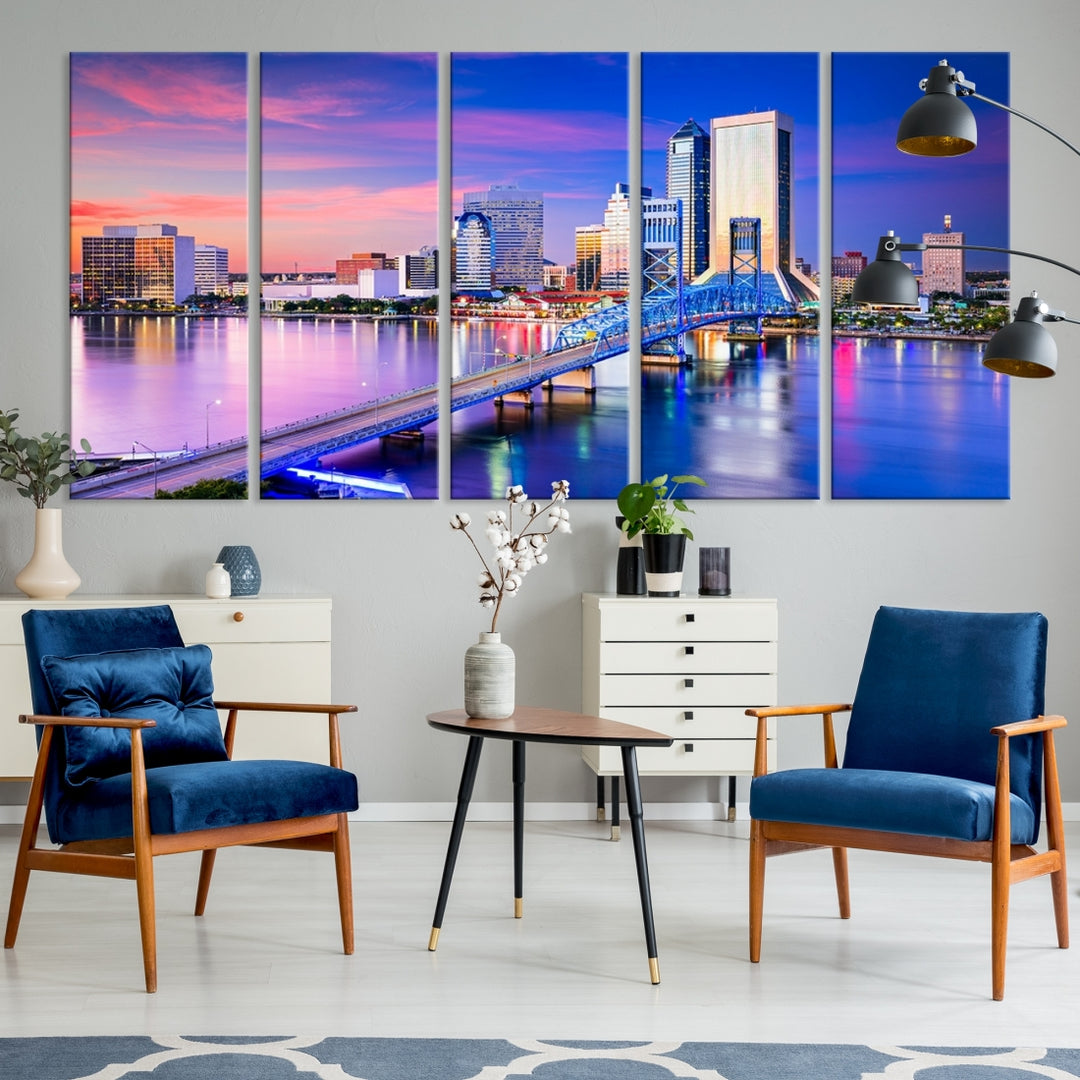 The Jacksonville Wall Art Canvas Print, showcasing the Jacksonville cityscape over a river at sunset, is elegantly crafted on museum-quality canvas with a UV-protective coating. Ready to hang, it elevates your space with its sophisticated charm.