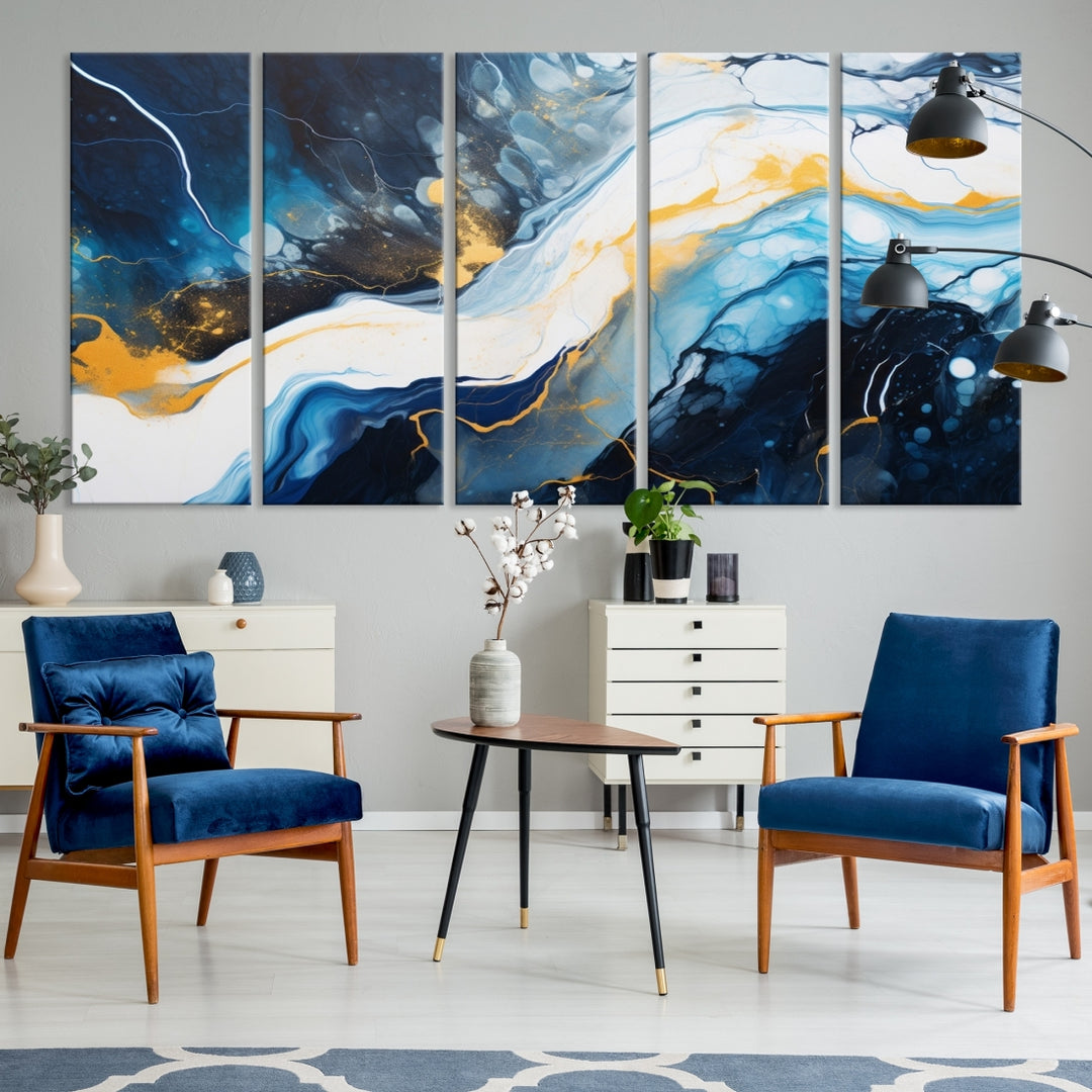 The Navy Blue Abstract Wall Art Canvas Print, displaying an exquisite array of blue, white, and gold swirls, is crafted on museum-quality canvas and enhances the space with its sophisticated elegance.