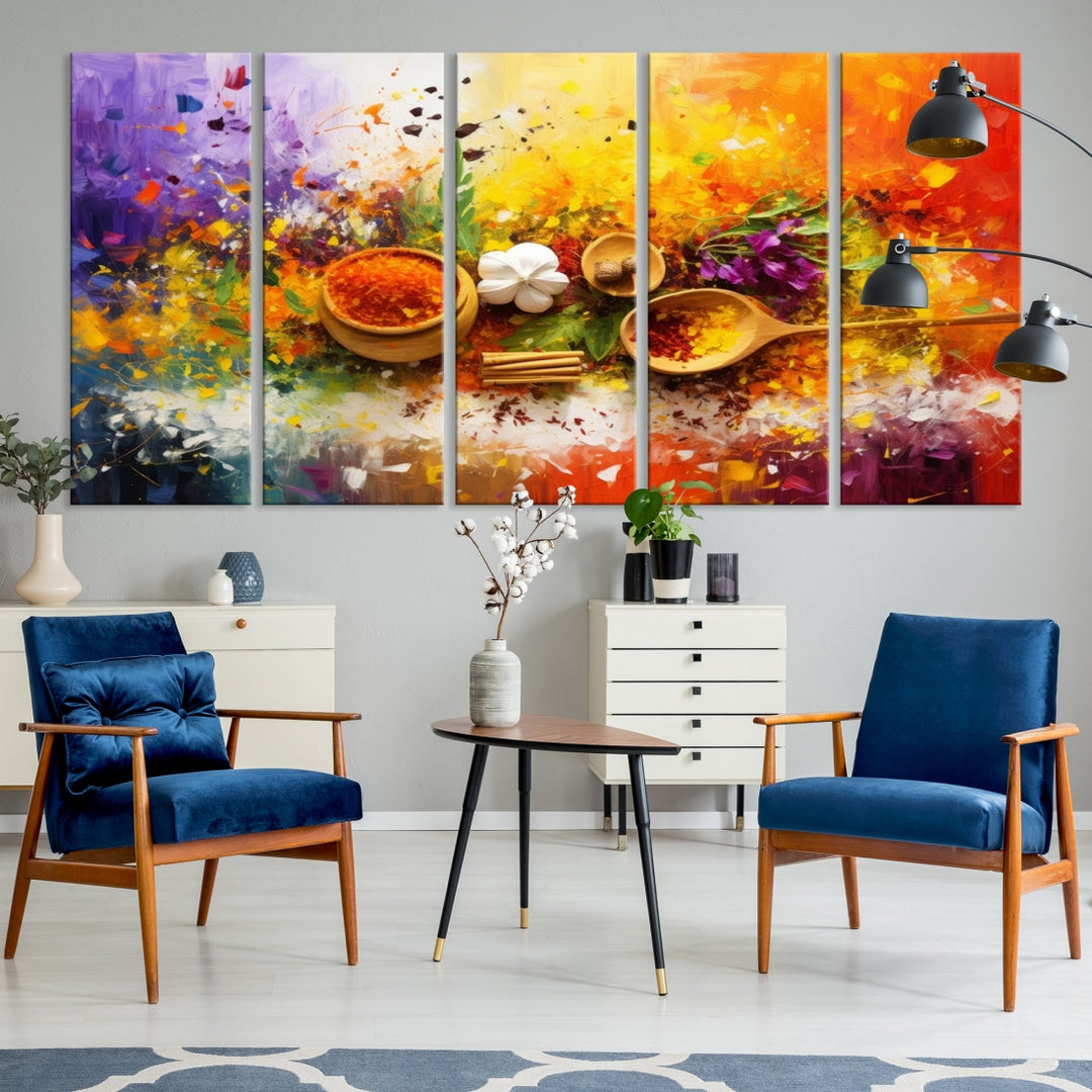 The Abstract Spoonful of Spice Art Print Kitchen Wall, featuring a colorful triptych design of spices and herbs on museum-quality canvas with a UV-protective coating, enhances the modern living room. It's ready to hang, adding a vibrant touch to the space.