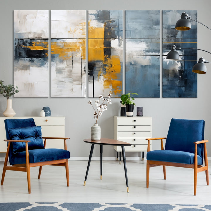 The Orange Abstract Wall Art Print features a series of white, blue, black, and yellow blocks arranged in a triptych format on museum-quality canvases. Proudly made in the USA and offered with free shipping.