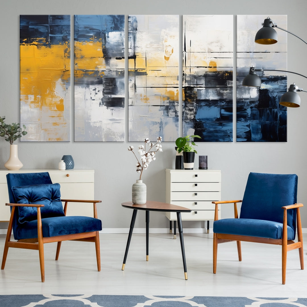 The Yellow Orange Blue Abstract Wall Art Print on gallery-wrapped, museum-quality canvases adds a vibrant touch to the room.