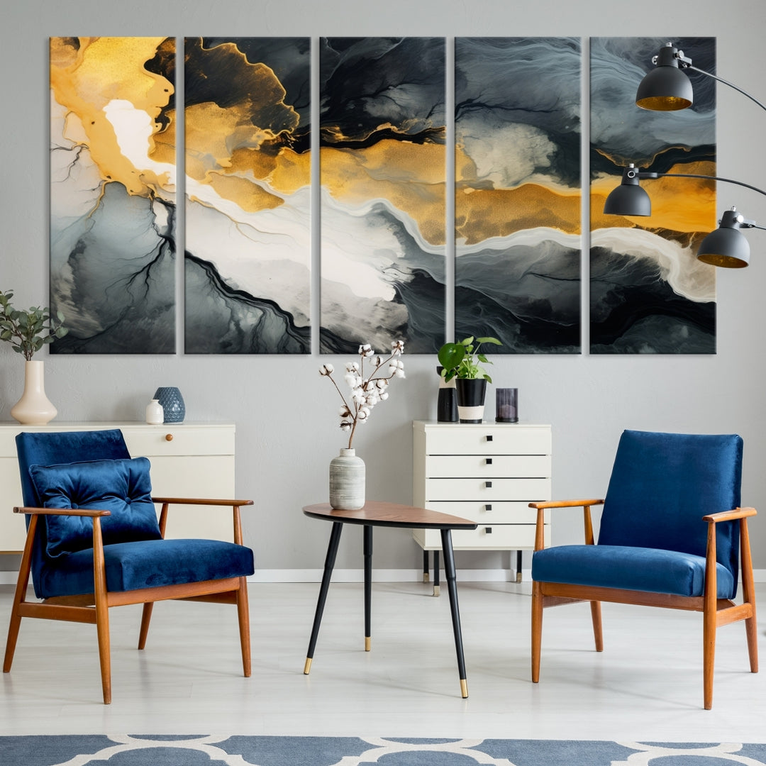 The Smoke Gray Green Golden Abstract Contemporary Art Canvas beautifully enhances a modern living room. Created on museum-quality canvas, this ready-to-hang artwork guarantees longevity and sophistication, perfectly aligning with the contemporary aesthetic.