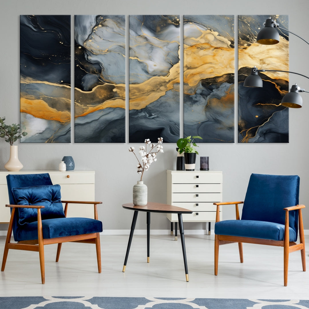 The living room features the Golden Gray Abstract Wall Art Print Contemporary Art Canvas Design, a triptych showcasing gold, black, and gray swirls. Crafted on museum-quality canvas and ready to hang, this piece is designed for elegance and durability.