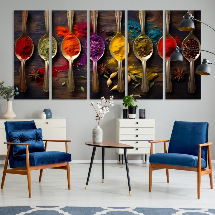 The Sponge Kitchen Wall Art Canvas Print showcases decorative artwork featuring spoons filled with colorful spices against a wooden background. Printed on museum-quality canvas, this ready-to-hang piece effortlessly adds charm and vibrancy to any space.