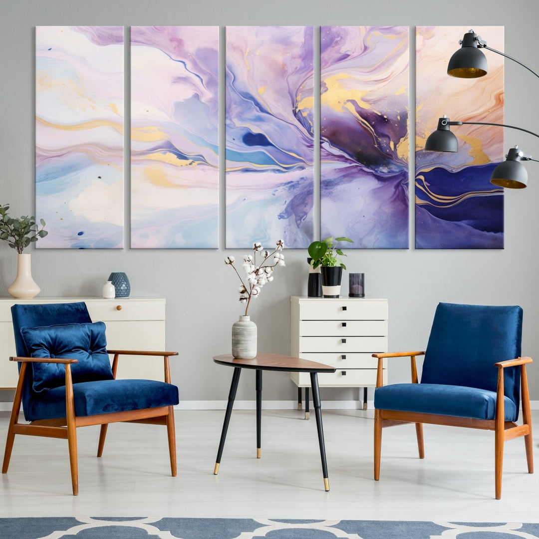 In the modern living room, a captivating Purple Color Abstract Wall Art Print graces the walls, mounted on museum-quality canvas, infusing the space with an artistic flair.