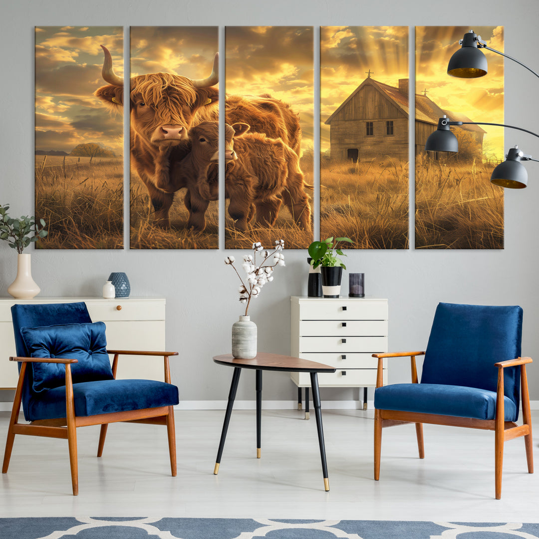 Barn and Highland Cow Canvas Wall Art Animal Print