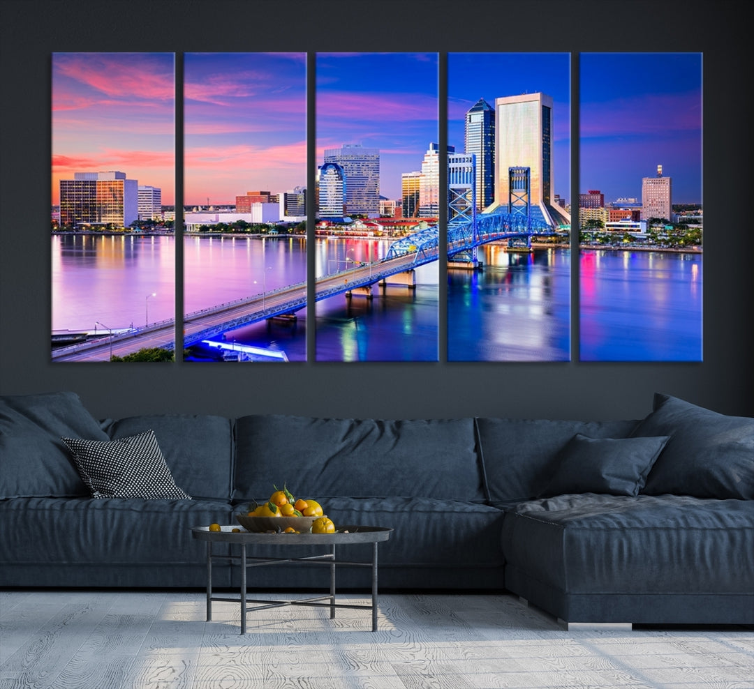 The Jacksonville Wall Art Canvas Print, showcasing the Jacksonville cityscape over a river at sunset, is elegantly crafted on museum-quality canvas with a UV-protective coating. Ready to hang, it elevates your space with its sophisticated charm.