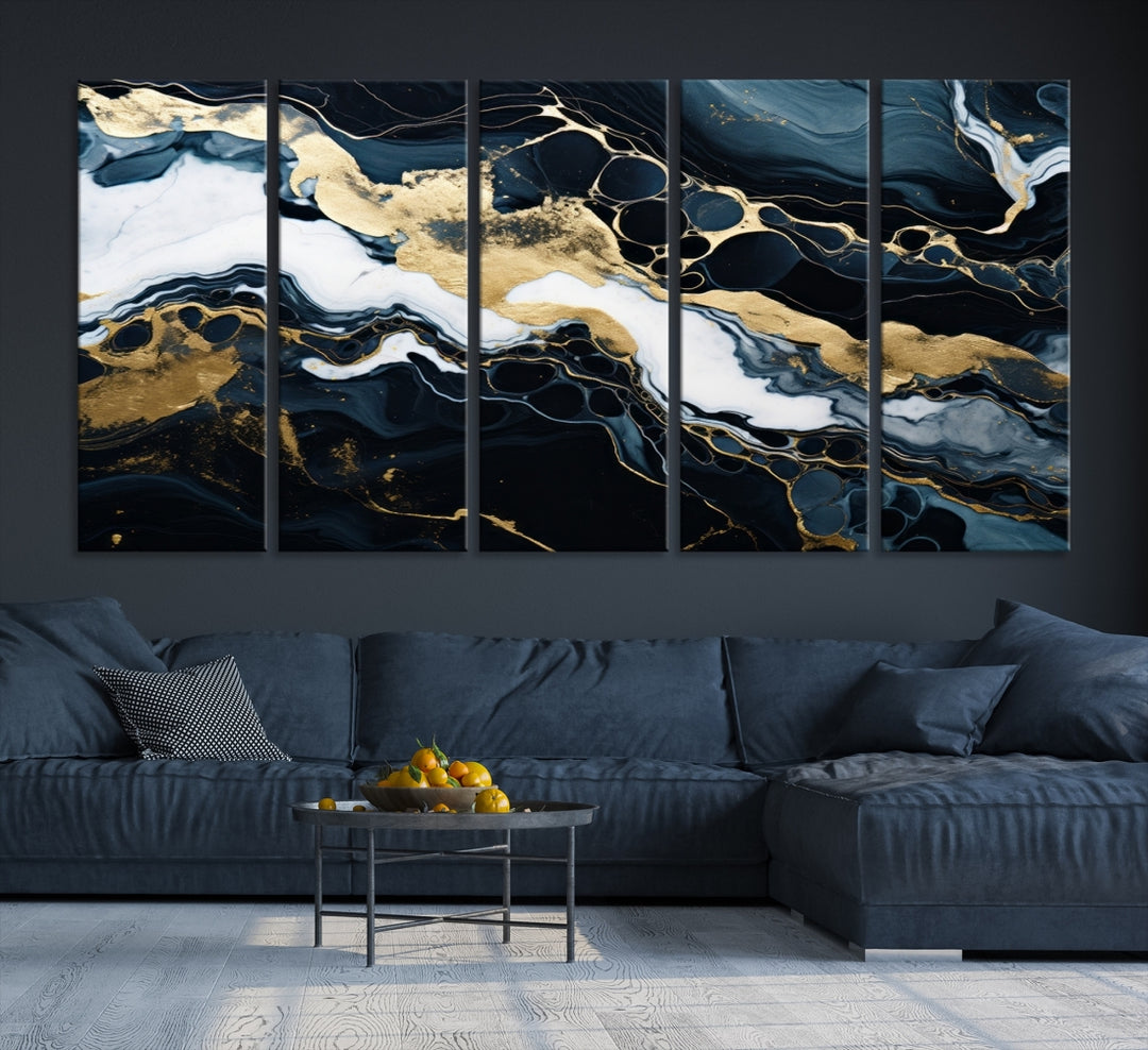 Fluid Marble Abstract Wall Art Print, a contemporary piece with black, white, and gold swirls on museum-quality canvas.