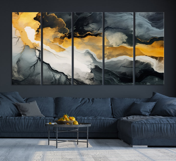 The Smoke Gray Green Golden Abstract Contemporary Art Canvas beautifully enhances a modern living room. Created on museum-quality canvas, this ready-to-hang artwork guarantees longevity and sophistication, perfectly aligning with the contemporary aesthetic.