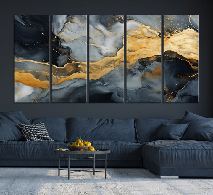 The living room features the Golden Gray Abstract Wall Art Print Contemporary Art Canvas Design, a triptych showcasing gold, black, and gray swirls. Crafted on museum-quality canvas and ready to hang, this piece is designed for elegance and durability.