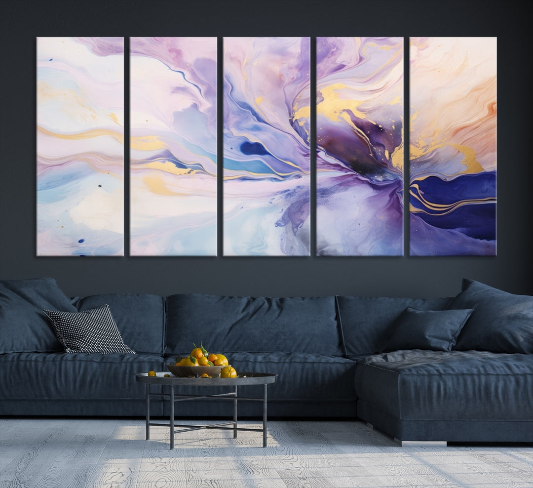 In the modern living room, a captivating Purple Color Abstract Wall Art Print graces the walls, mounted on museum-quality canvas, infusing the space with an artistic flair.