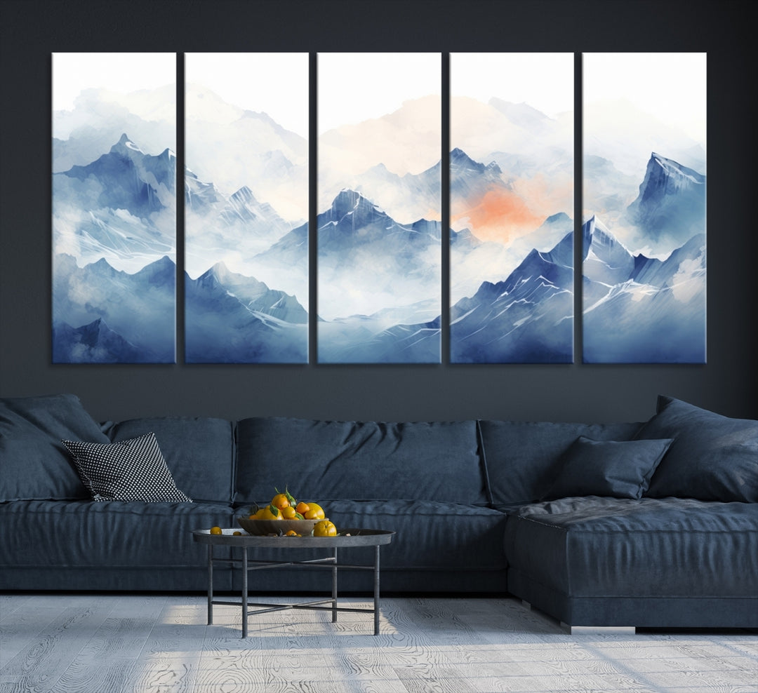 Blue Orange Abstract Mountain Wall Art