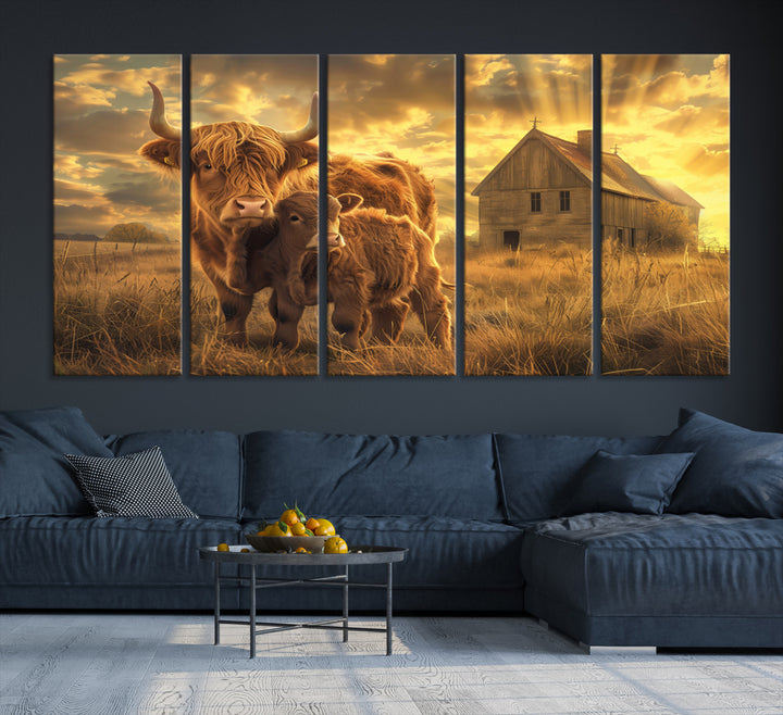 Barn and Highland Cow Canvas Wall Art Animal Print