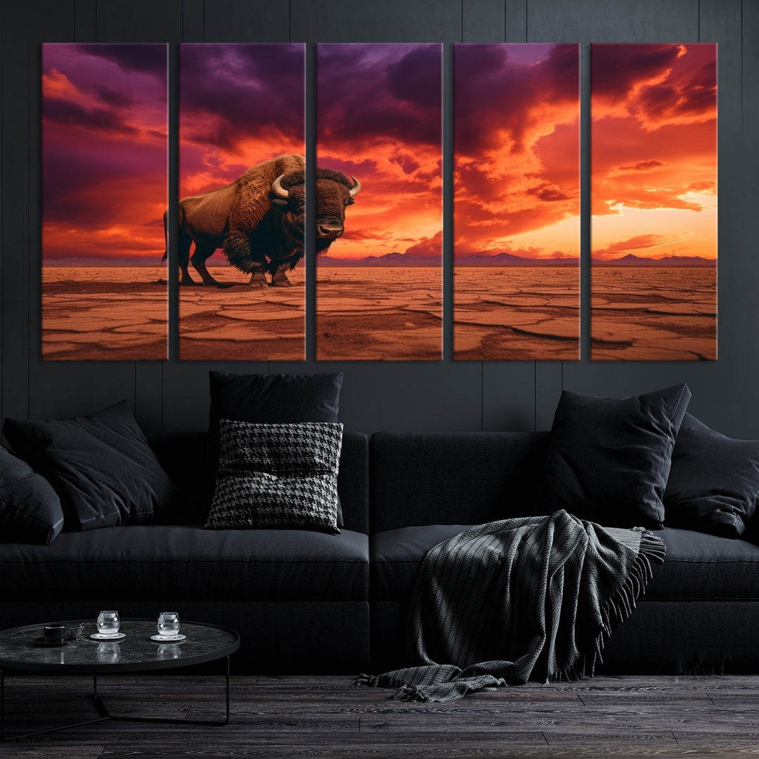 Alone Buffalo on Red Sunset Wall Art Canvas Print