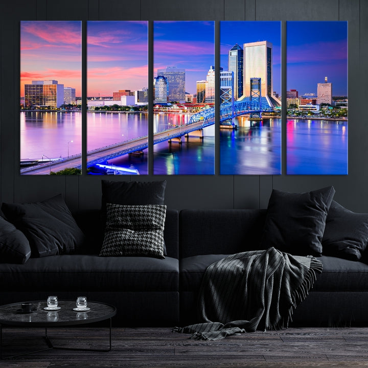 The Jacksonville Wall Art Canvas Print, showcasing the Jacksonville cityscape over a river at sunset, is elegantly crafted on museum-quality canvas with a UV-protective coating. Ready to hang, it elevates your space with its sophisticated charm.