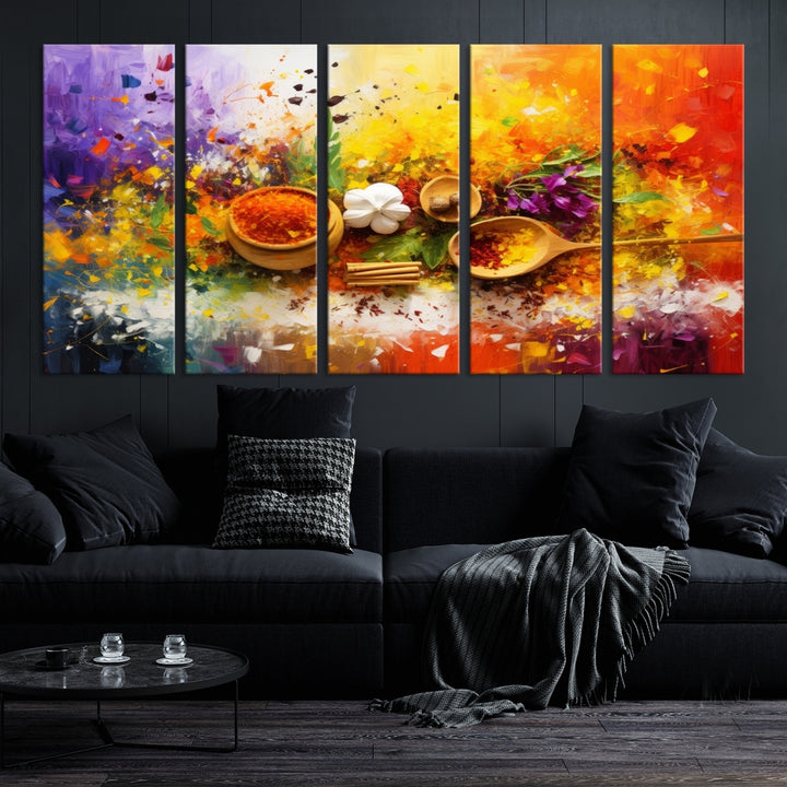 The Abstract Spoonful of Spice Art Print Kitchen Wall, featuring a colorful triptych design of spices and herbs on museum-quality canvas with a UV-protective coating, enhances the modern living room. It's ready to hang, adding a vibrant touch to the space.