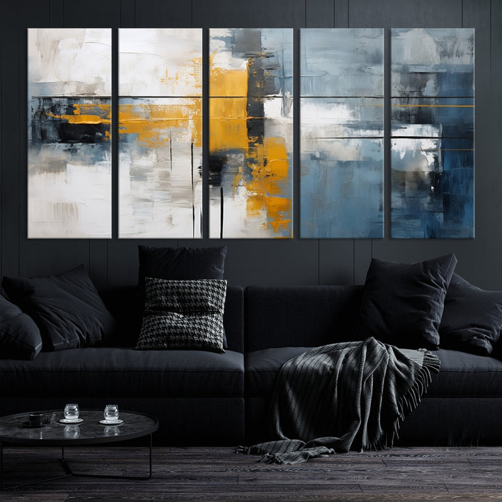 The Orange Abstract Wall Art Print features a series of white, blue, black, and yellow blocks arranged in a triptych format on museum-quality canvases. Proudly made in the USA and offered with free shipping.