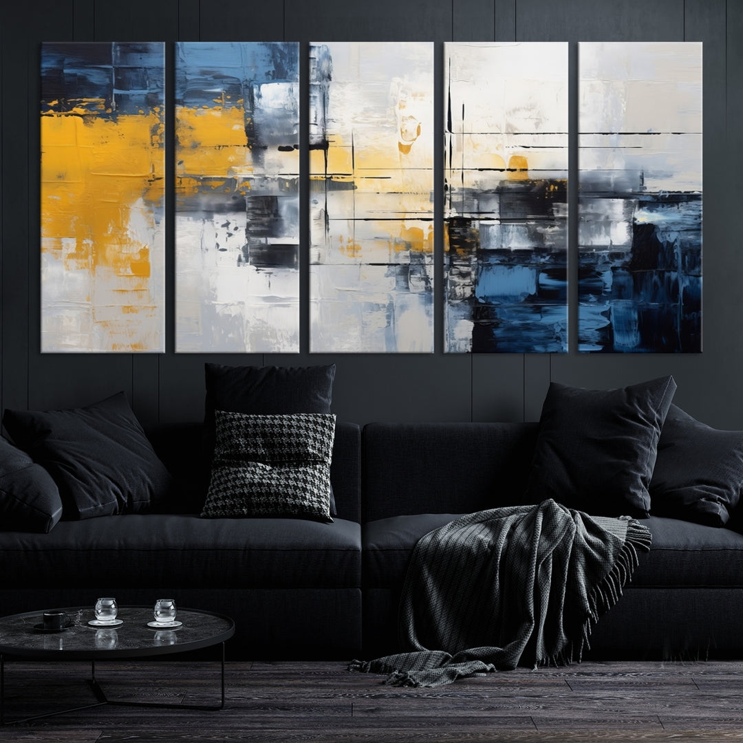 The Yellow Orange Blue Abstract Wall Art Print on gallery-wrapped, museum-quality canvases adds a vibrant touch to the room.