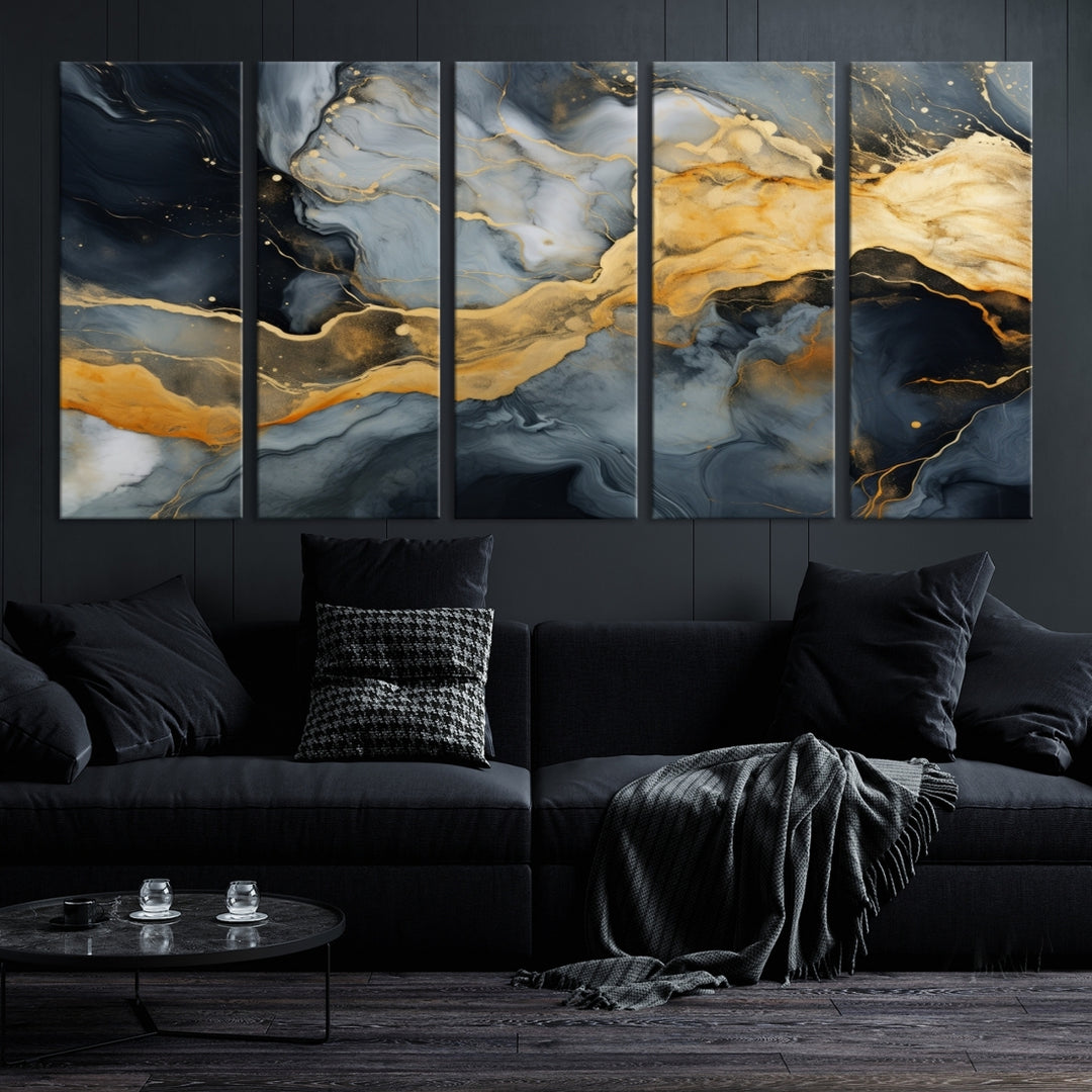 The living room features the Golden Gray Abstract Wall Art Print Contemporary Art Canvas Design, a triptych showcasing gold, black, and gray swirls. Crafted on museum-quality canvas and ready to hang, this piece is designed for elegance and durability.