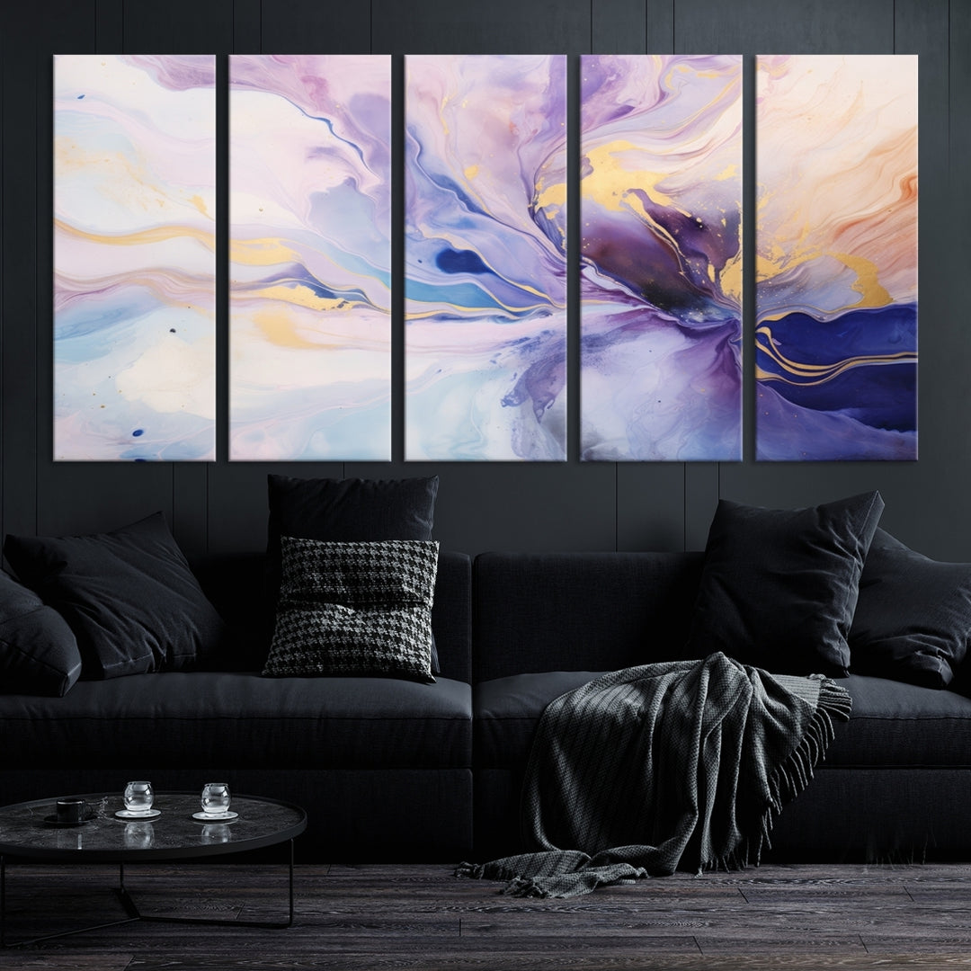 In the modern living room, a captivating Purple Color Abstract Wall Art Print graces the walls, mounted on museum-quality canvas, infusing the space with an artistic flair.