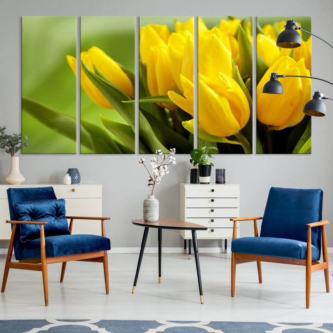 The Wall Art Yellow Tulips Canvas Print on a green background is featured.