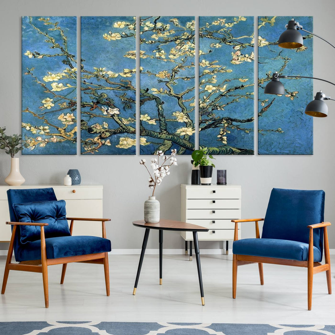 A Van Goghs Almond Blossom canvas print adds a touch of elegance to the wall.