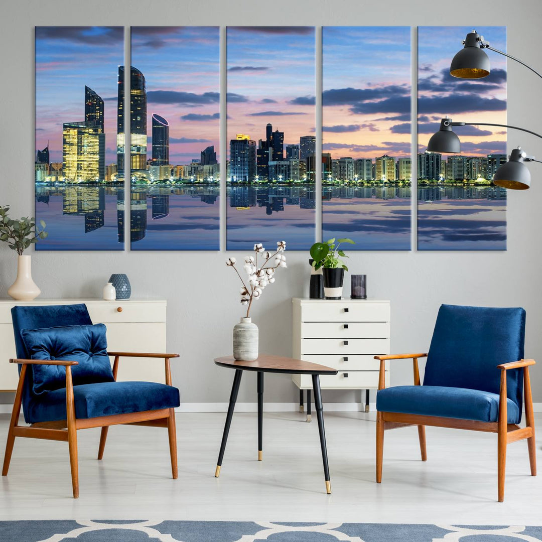 A gallery-quality wall art canvas print captures the Dubai city skyline with skyscrapers reflected in water at sunset.