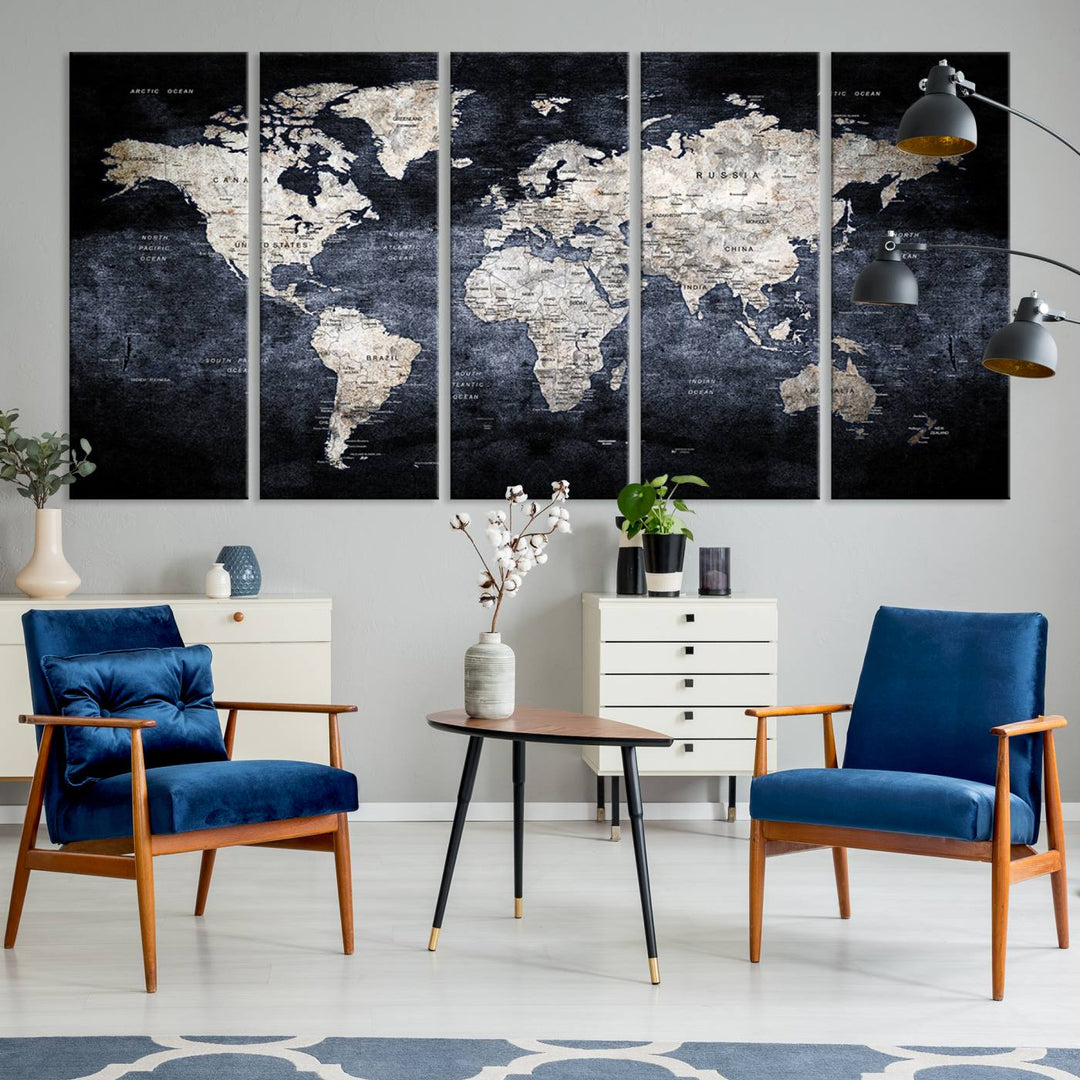 Rustic Black and Bronze World Map Canvas Triptych features white continents on a grunge-stained background.