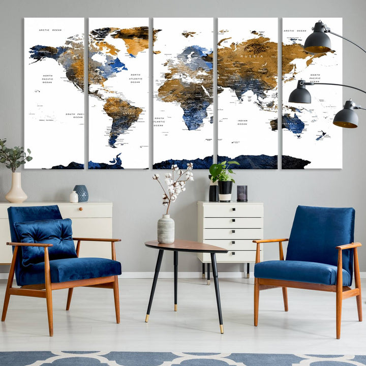 The Watercolor World Map Canvas showcases a grunge-stained background in gold, gray, and blue hues.