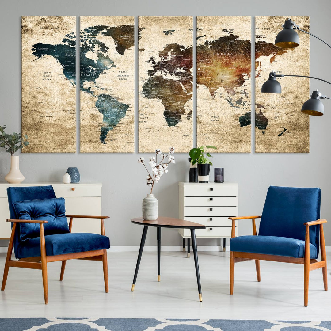 Vintage World Map Canvas Wall Art, perfect for antique-style decor, displayed against a light wood wall.