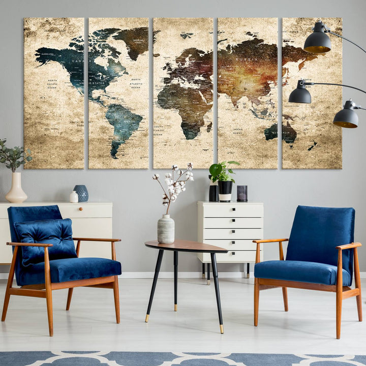 Vintage World Map Canvas Wall Art, perfect for antique-style decor, displayed against a light wood wall.