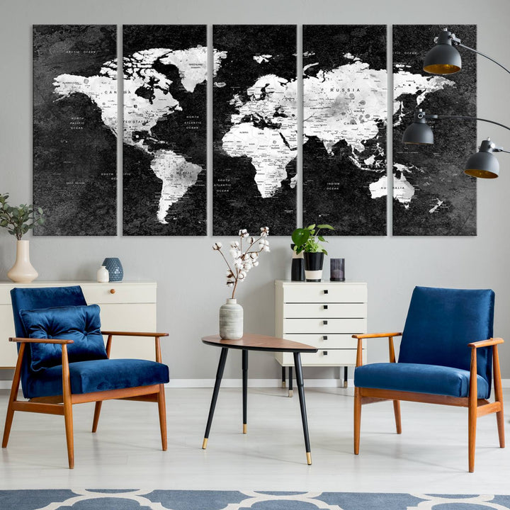 The dining room features a Modern Grayscale World Map 3-Panel Canvas Art as its focal point.