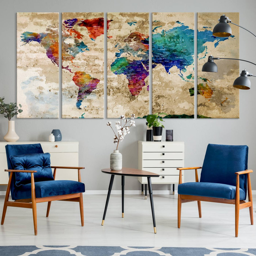 An Abstract Large Watercolor World Map Canvas Print hangs prominently.