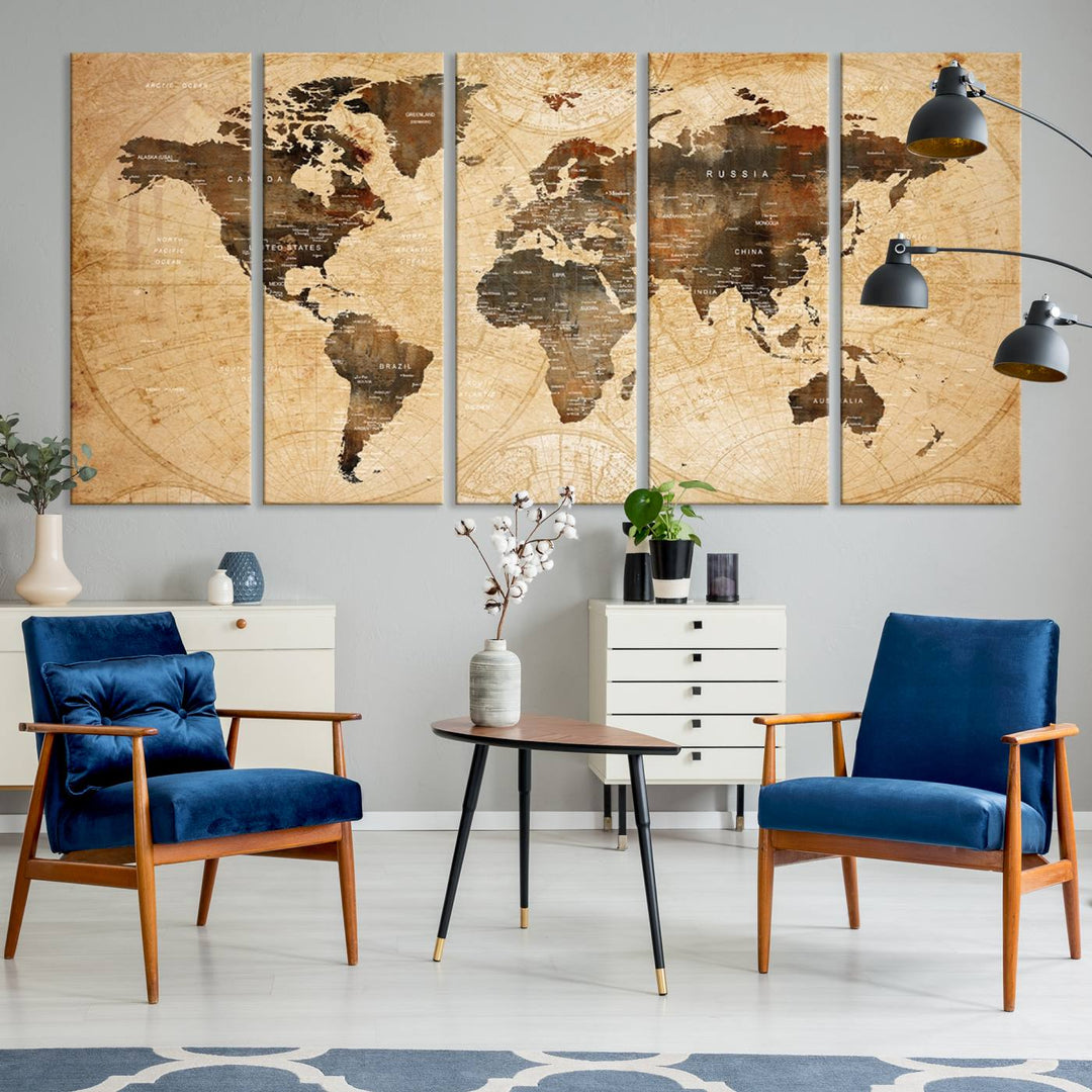 Vintage World Map: 3-Panel Canvas Print in antique rustic style. Framed and gallery wrapped. Ideal for decor.