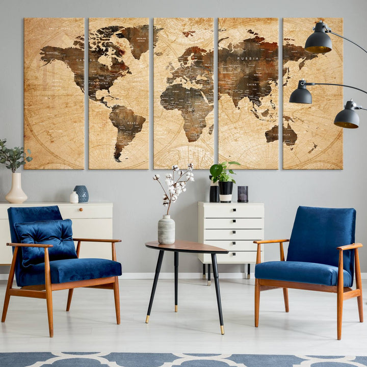 Vintage World Map: 3-Panel Canvas Print in antique rustic style. Framed and gallery wrapped. Ideal for decor.