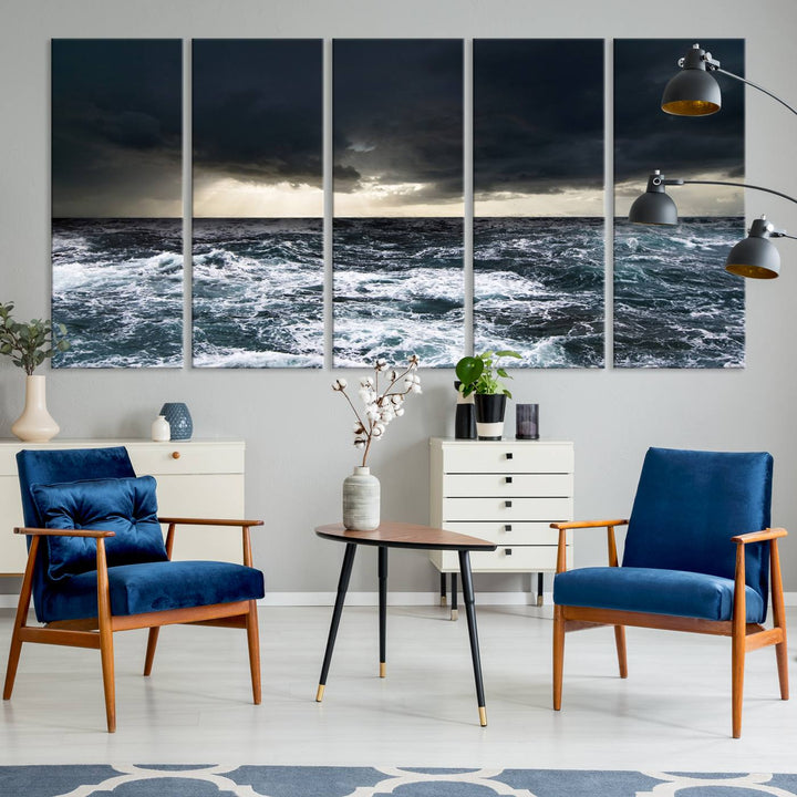 A Dark Clouds Stormy Sea canvas print, ready to hang, enhances the room.