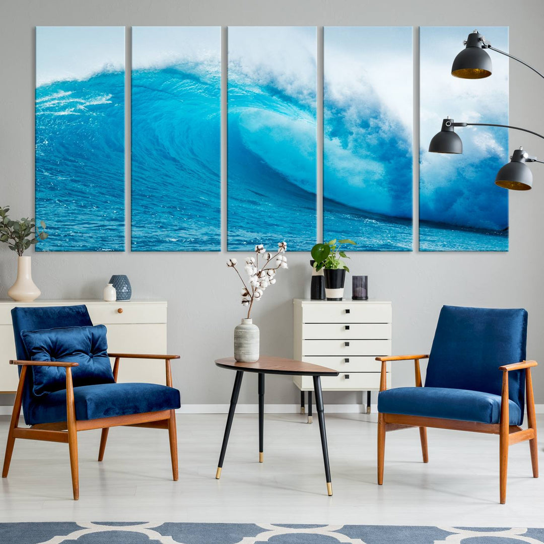 A museum-quality canvas depicting a vibrant blue ocean wave with white foam under a clear sky.