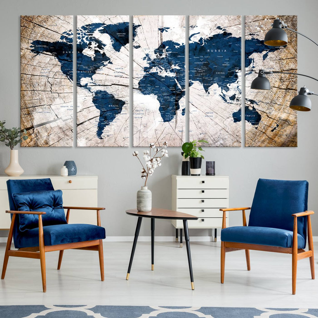 The Vintage World Map on Grunge Background Canvas serves as the focal point of the room.