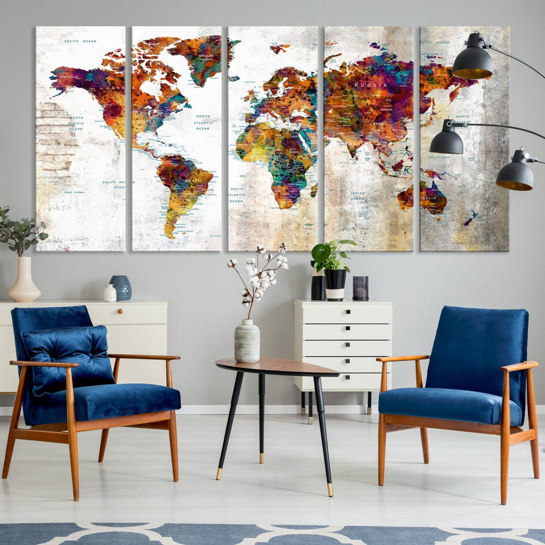 A vibrant Grunge Map Canvas Wall Art Set (3 Panels) for home or office decor, perfect for travel enthusiasts.